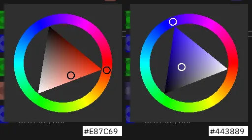 컬러 피커를 연 모습이 좌우로 2개 나열되어 있다. 선택된 색을 강조하는 고리 색이 왼쪽은 검은색, 오른쪽은 흰색이다.