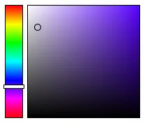 사각형 + 슬라이더 컬러 피커의 예시. 왼쪽의 세로 슬라이더에서 색조를 선택하고 오른쪽 창에서 그 색조에 해당하는 세부 색상을 선택할 수 있다.
