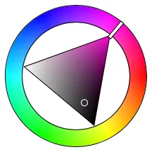 색상환 + 삼각형 컬러 피커의 예시. 바깥의 색상환에서 색조를 선택하고 안쪽의 삼각형 창에서 그 색조에 해당하는 세부 색상을 선택할 수 있다. 삼각형의 세 꼭짓점은 각각 검은색, 흰색, 선택된 색조의 원색이며, 원색 꼭짓점이 색상환의 해당하는 위치를 따라간다.