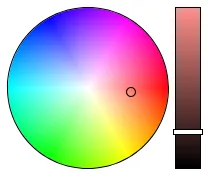 원형 + 슬라이더 컬러 피커의 예시. 왼쪽 원형 창의 테두리에 원색이, 중심에는 흰색이 있으며, 오른쪽의 세로 슬라이더에서 밝기를 설정할 수 있다.