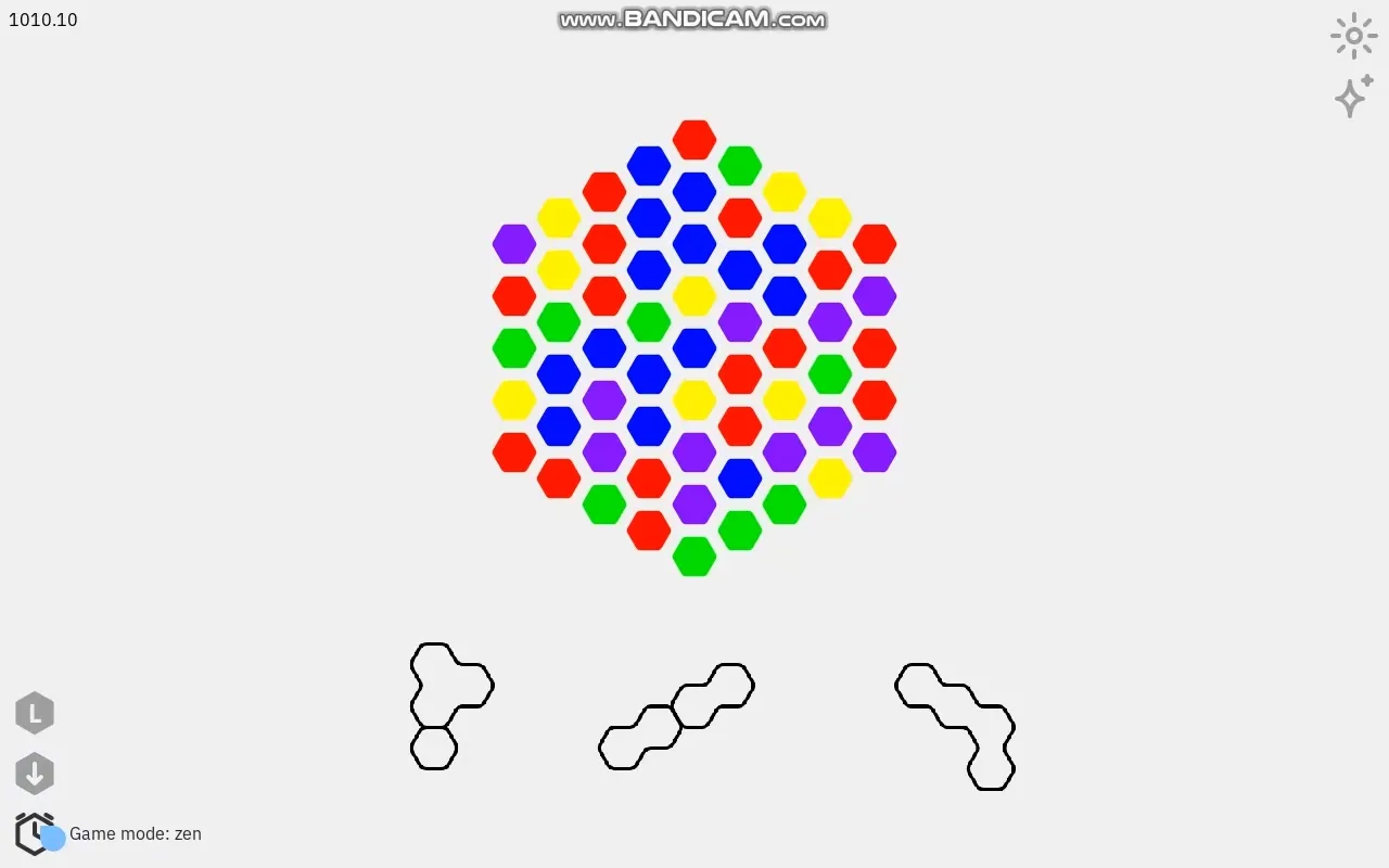 왼쪽 아래에 버튼 3개가 추가되었다. 마우스가 가장 아래쪽의 'Game mode: zen' 버튼을 가리키고 있다.