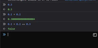 웹 브라우저 콘솔에서 JavaScript 식을 평가한 결과. 0.3은 0.3, 0.1 + 0.2는 0.30000000000000004, 0.1 + 0.2 == 0.3은 false이다.