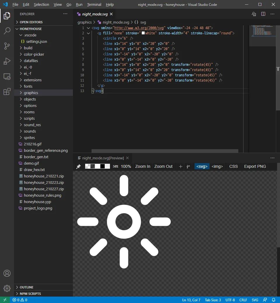 Visual Studio Code로 SVG 문서를 편집하는 화면